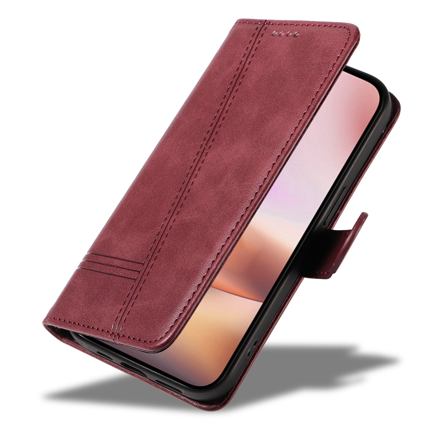 For iPhone 16 Plus Leather Case T-Shaped Lines Flip Phone Cover - Wine Red