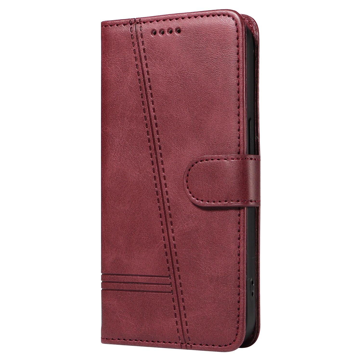 For iPhone 16 Plus Leather Case T-Shaped Lines Flip Phone Cover - Wine Red