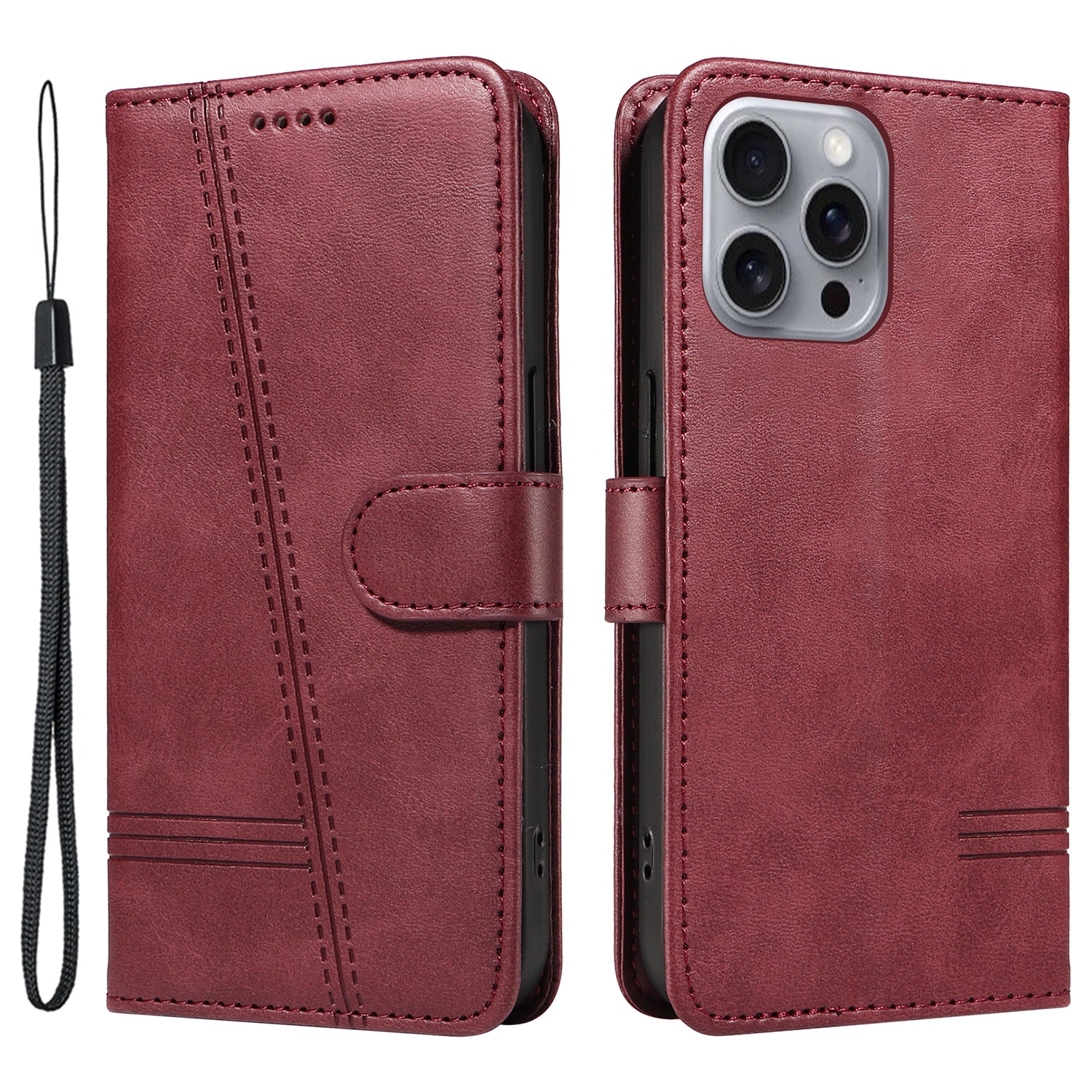 For iPhone 16 Pro Max Case Magnetic Clasp Leather Phone Cover - Wine Red