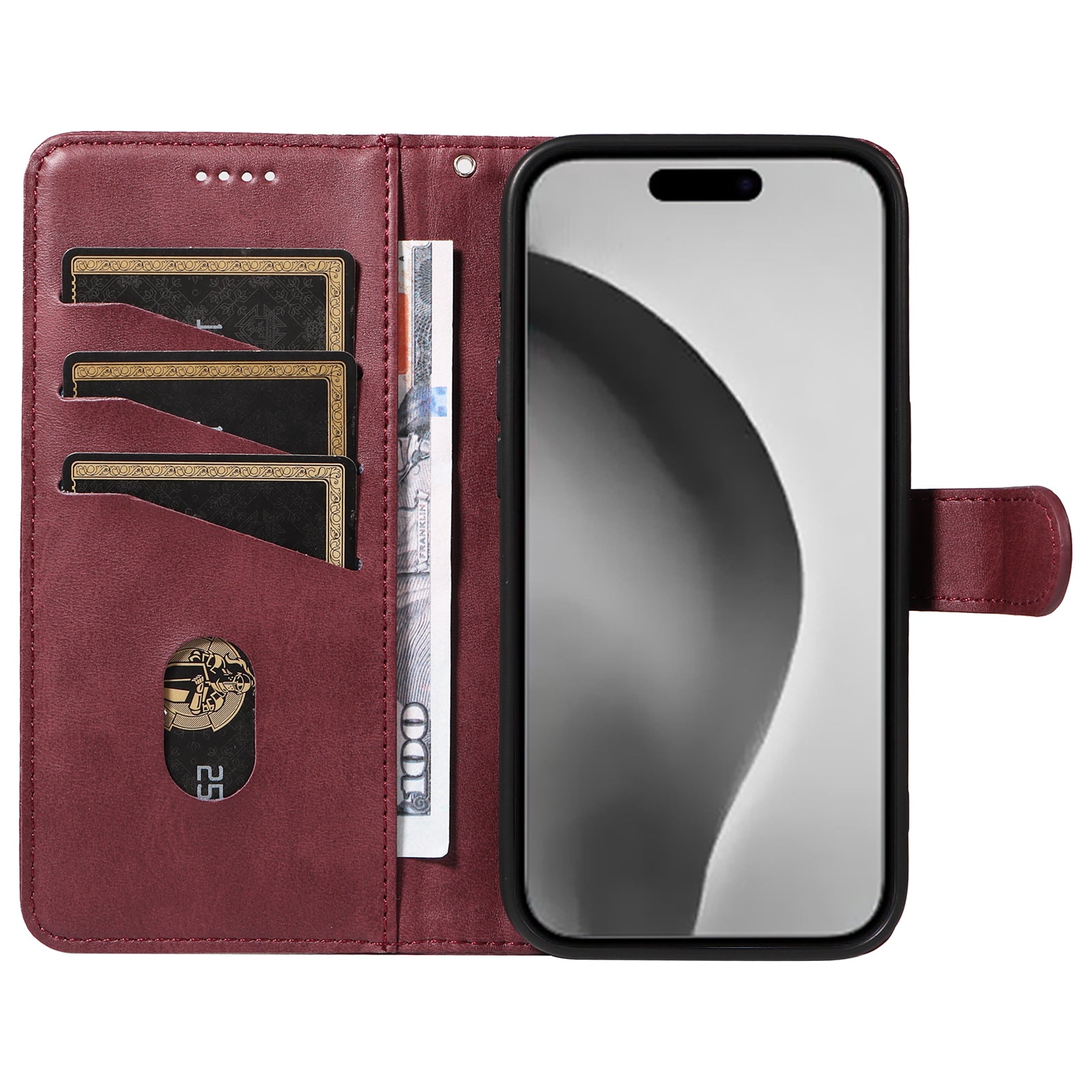 For iPhone 16 Pro Max Case Magnetic Clasp Leather Phone Cover - Wine Red