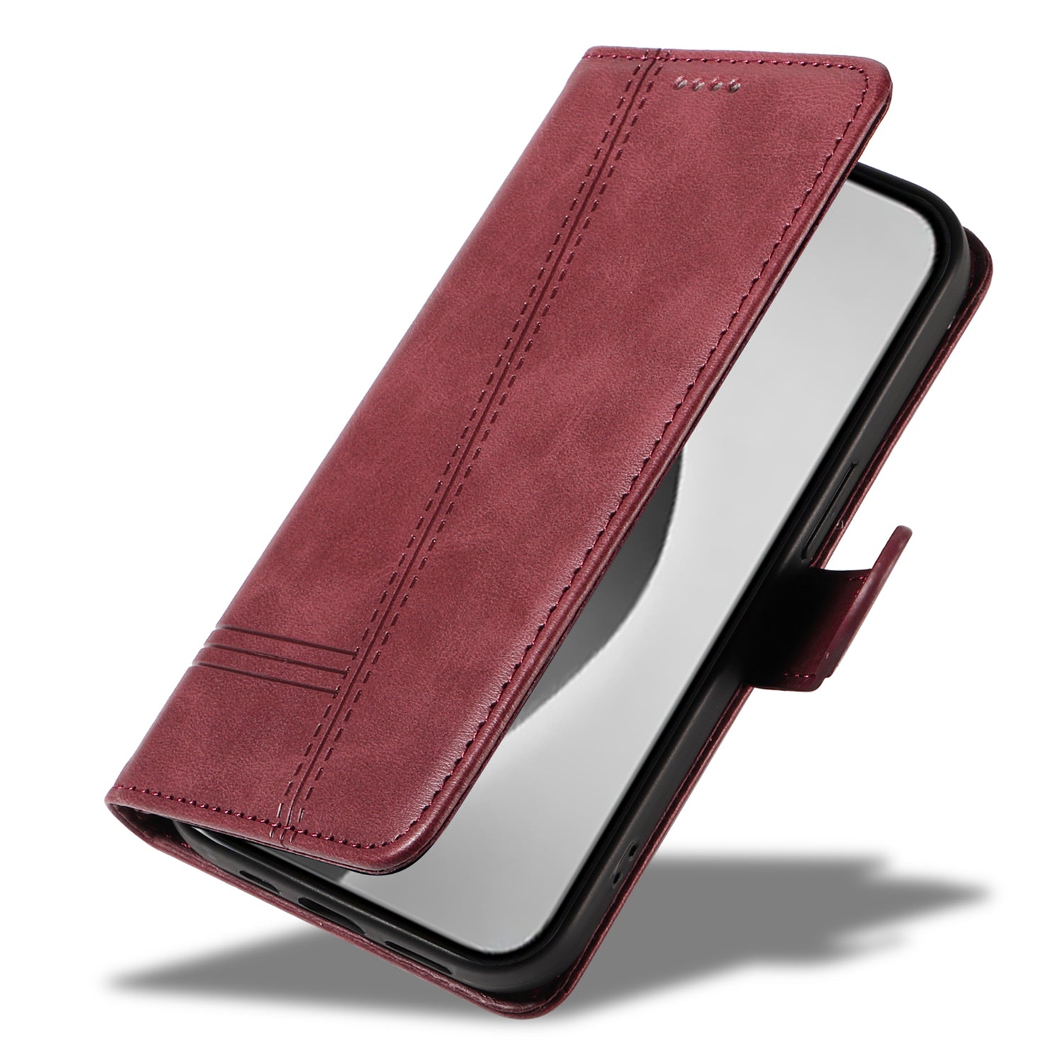 For iPhone 16 Pro Max Case Magnetic Clasp Leather Phone Cover - Wine Red