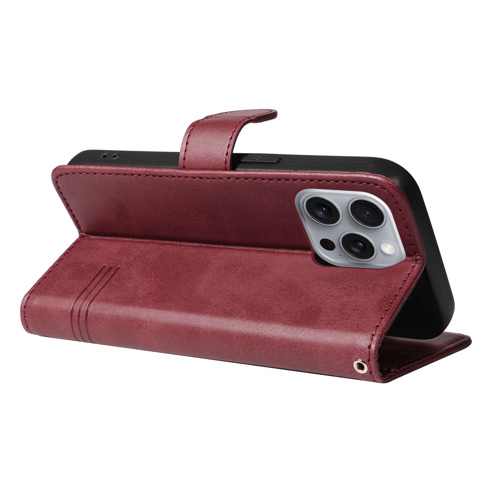 For iPhone 16 Pro Case with Strap T-Shaped Lines Imprinted Leather Phone Cover - Wine Red