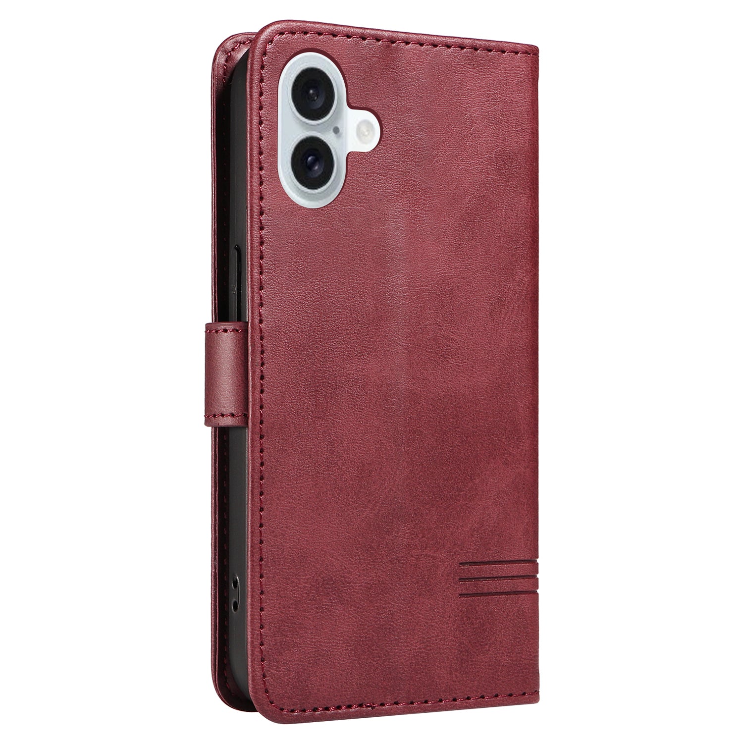 For iPhone 16 Case Wallet PU Leather Folio Flip Phone Cover T-Shaped Lines - Wine Red