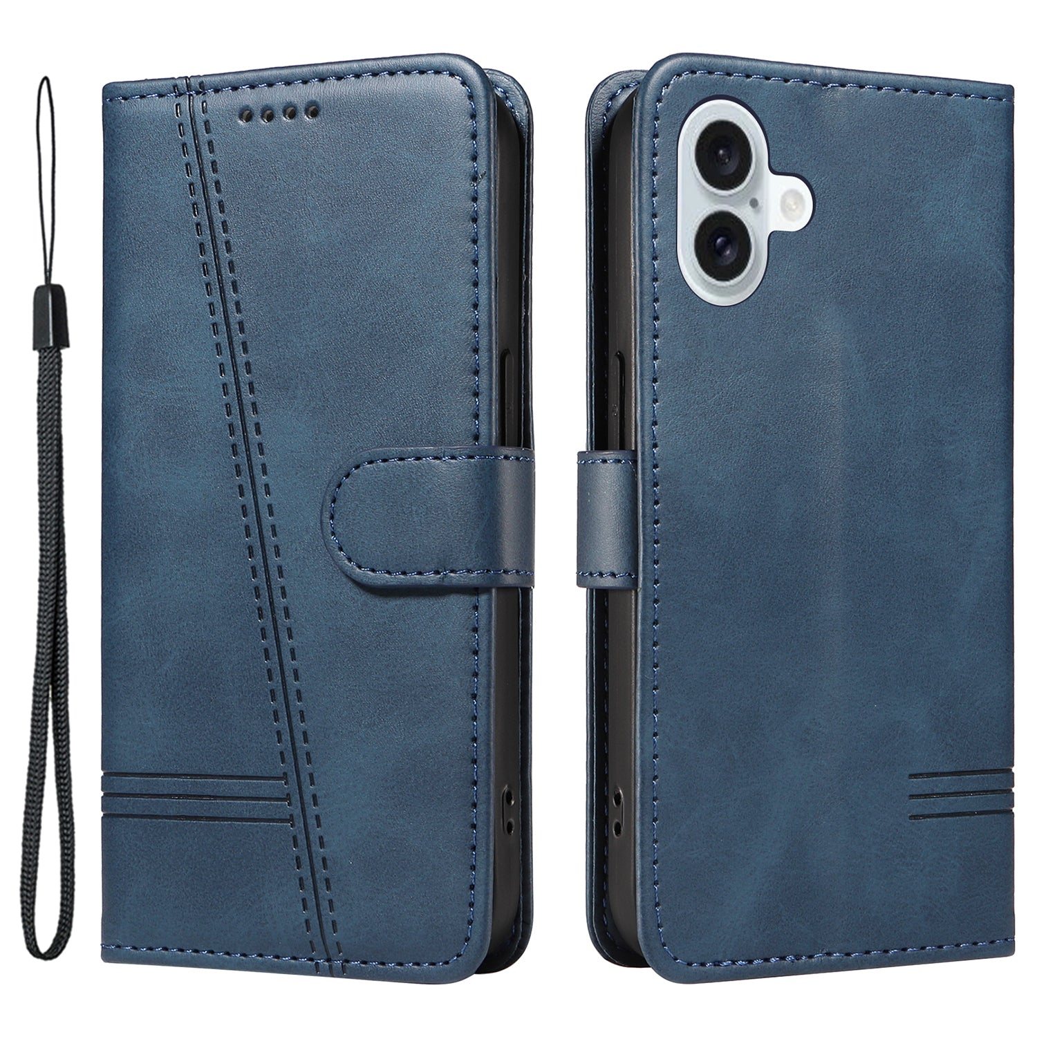 For iPhone 16 Case Wallet PU Leather Folio Flip Phone Cover T-Shaped Lines - Blue