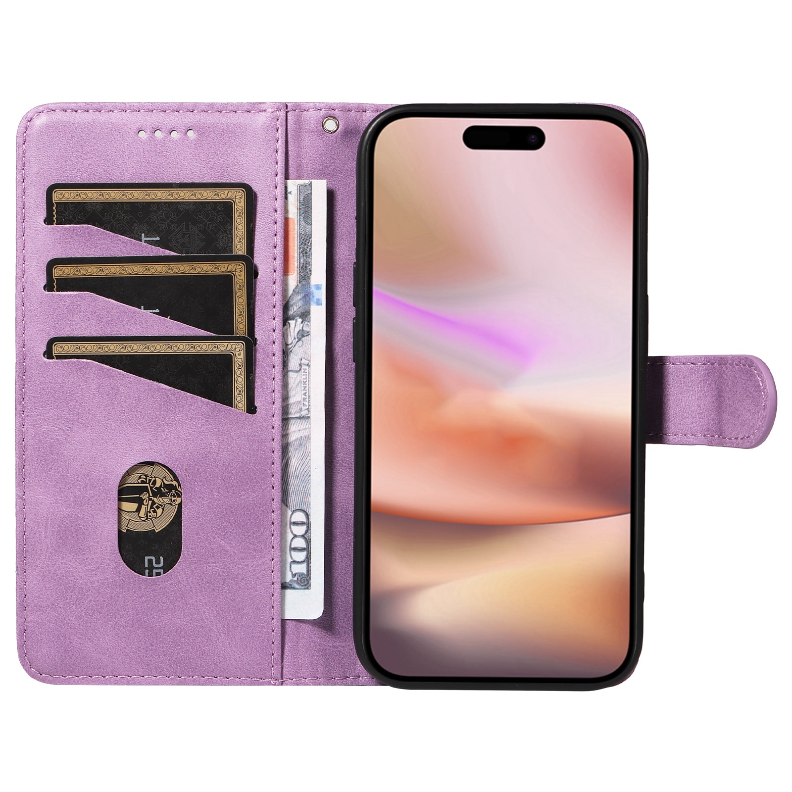 For iPhone 16 Case Wallet PU Leather Folio Flip Phone Cover T-Shaped Lines - Light Purple