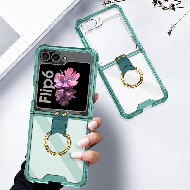 GKK For Samsung Galaxy Z Flip6 5G Case Ring Holder Kickstand TPU Phone Cover - Transparent Green