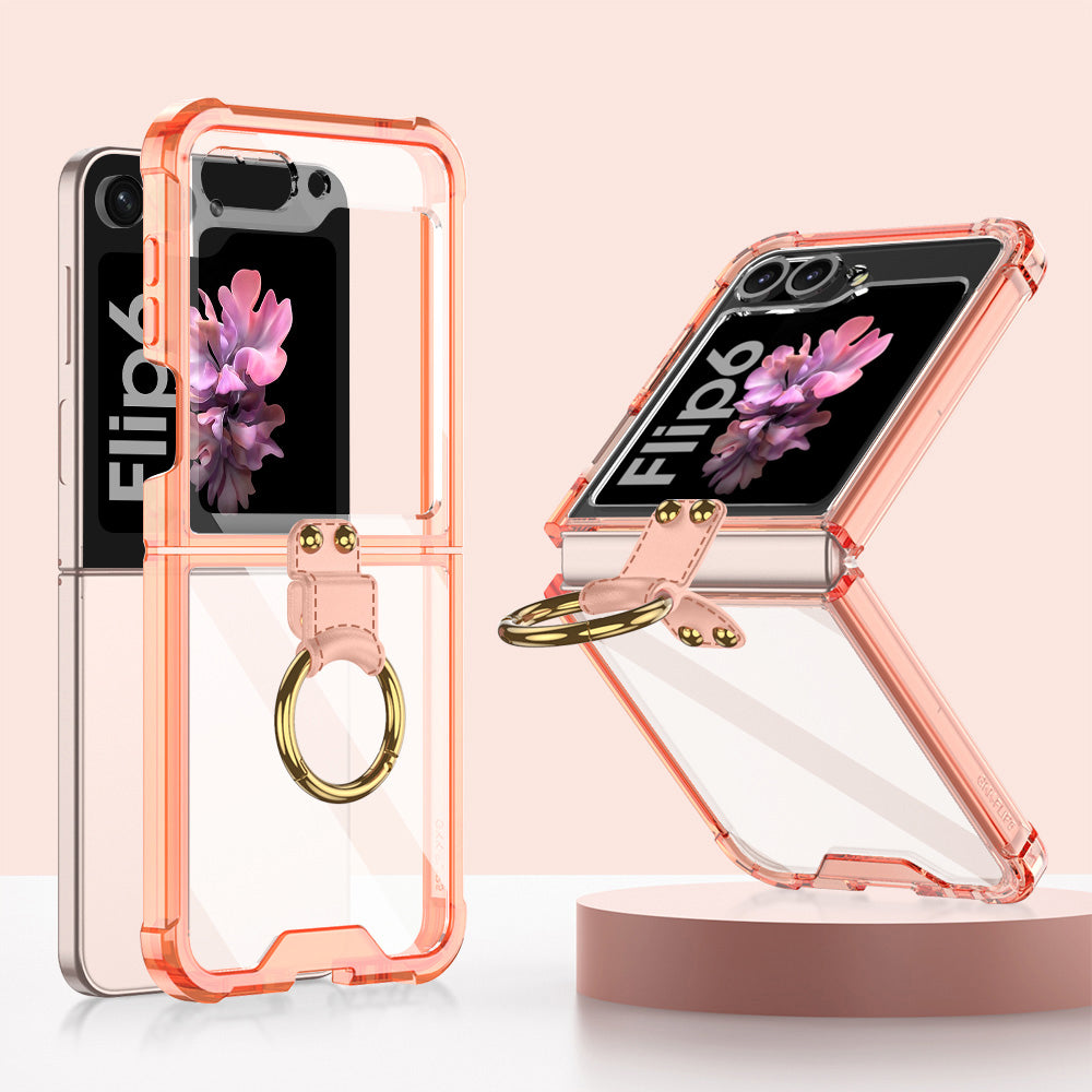 GKK For Samsung Galaxy Z Flip6 5G Case Ring Holder Kickstand TPU Phone Cover - Transparent Orange