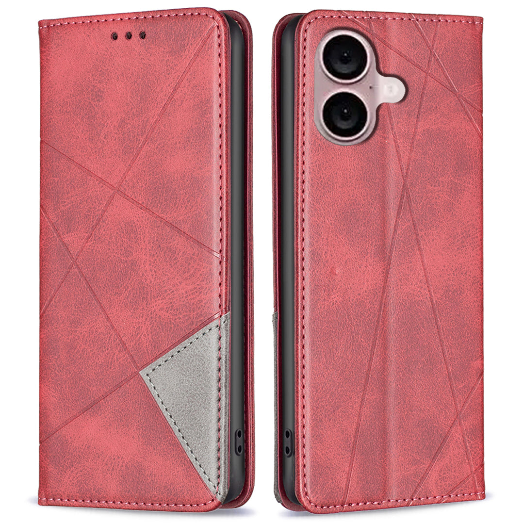 For iPhone 16 Case Magnetic Closing Rhombus Imprinted Card Slots Phone Cover - Red