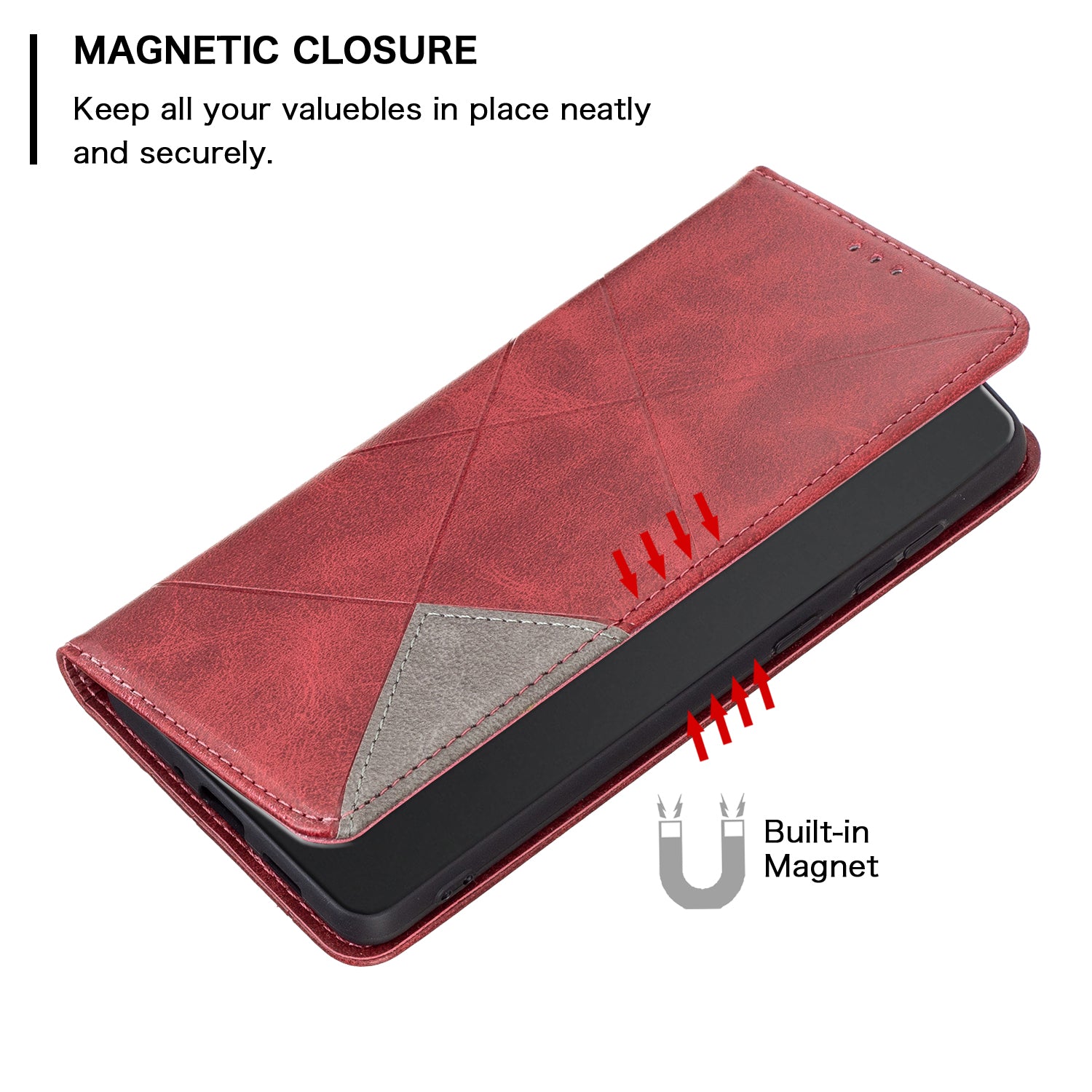 For iPhone 16 Case Magnetic Closing Rhombus Imprinted Card Slots Phone Cover - Red