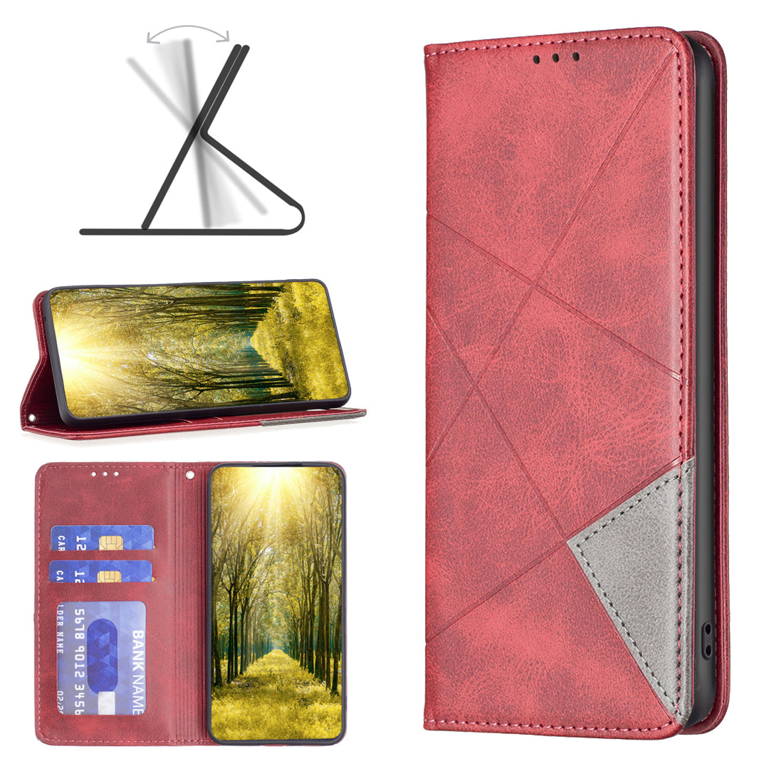 For iPhone 16 Case Magnetic Closing Rhombus Imprinted Card Slots Phone Cover - Red