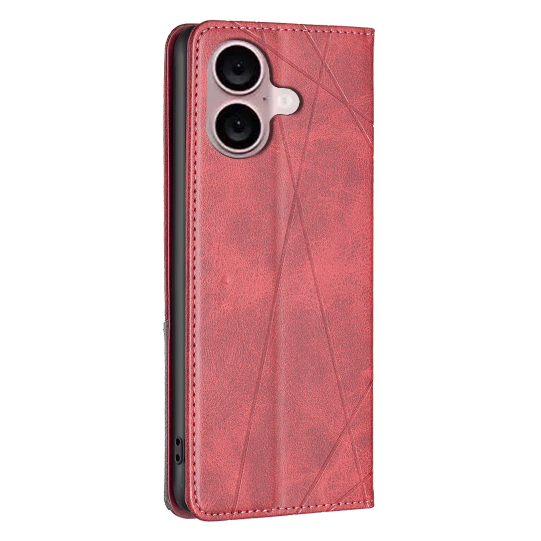 For iPhone 16 Case Magnetic Closing Rhombus Imprinted Card Slots Phone Cover - Red