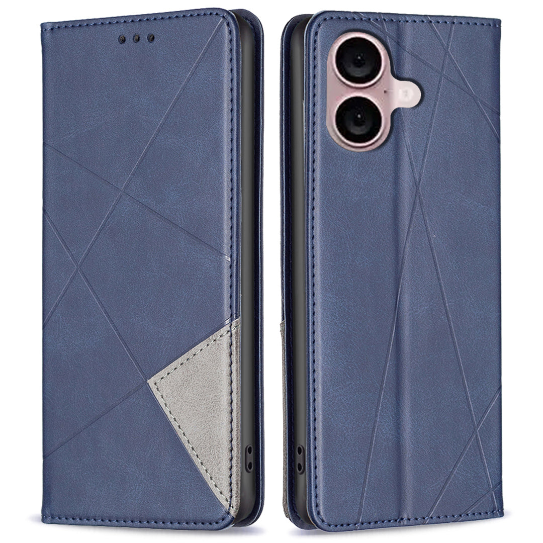 For iPhone 16 Case Magnetic Closing Rhombus Imprinted Card Slots Phone Cover - Blue