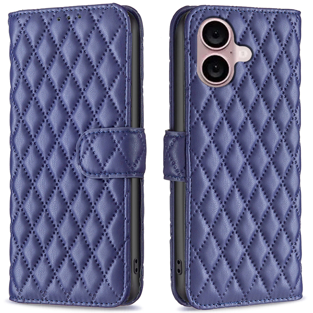 BINFEN COLOR BF Style-14 For iPhone 16 Case Rhombus Grid Leather Wallet Stand Phone Cover - Blue