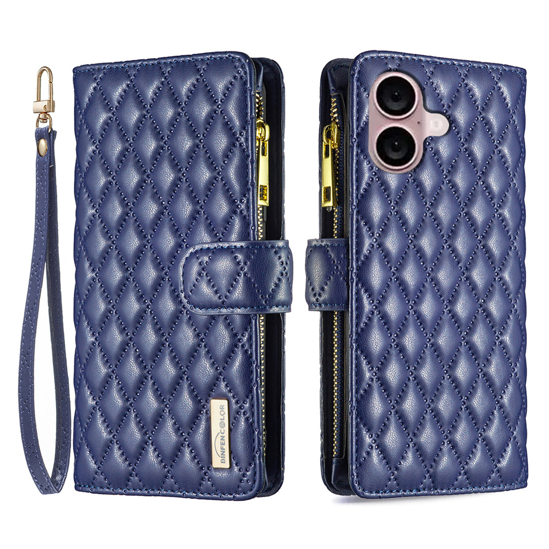 BINFEN COLOR BF Style-15 For iPhone 16 Case Zipper Wallet Leather Drop-Proof Phone Cover - Blue