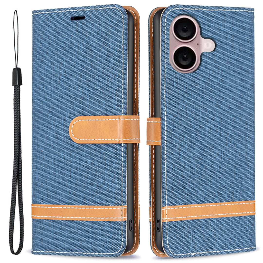 For iPhone 16 Plus Cell Phone Case Jeans Cloth Texture Leather Wallet Protective Cover - Navy Blue