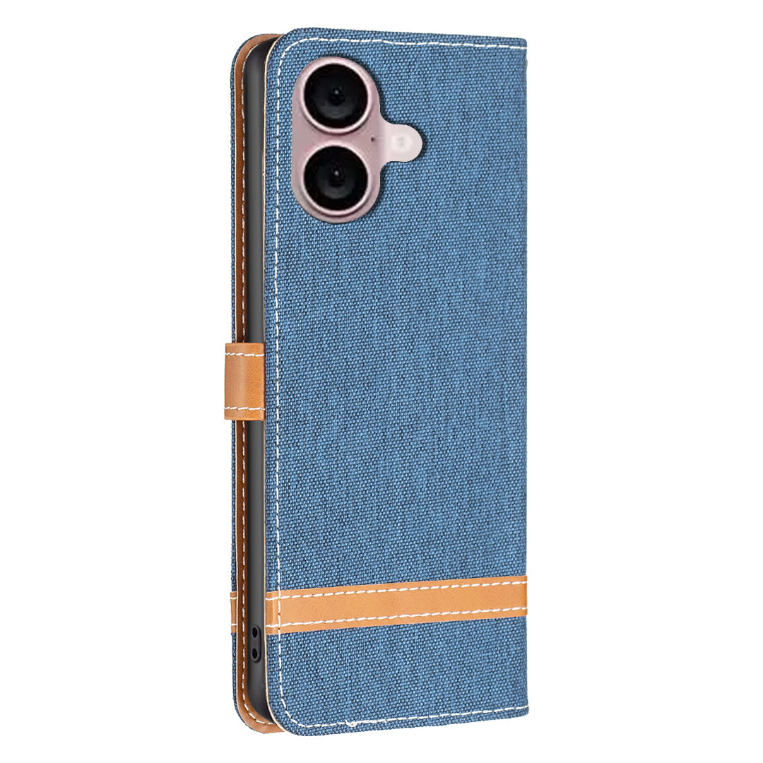 For iPhone 16 Plus Cell Phone Case Jeans Cloth Texture Leather Wallet Protective Cover - Navy Blue