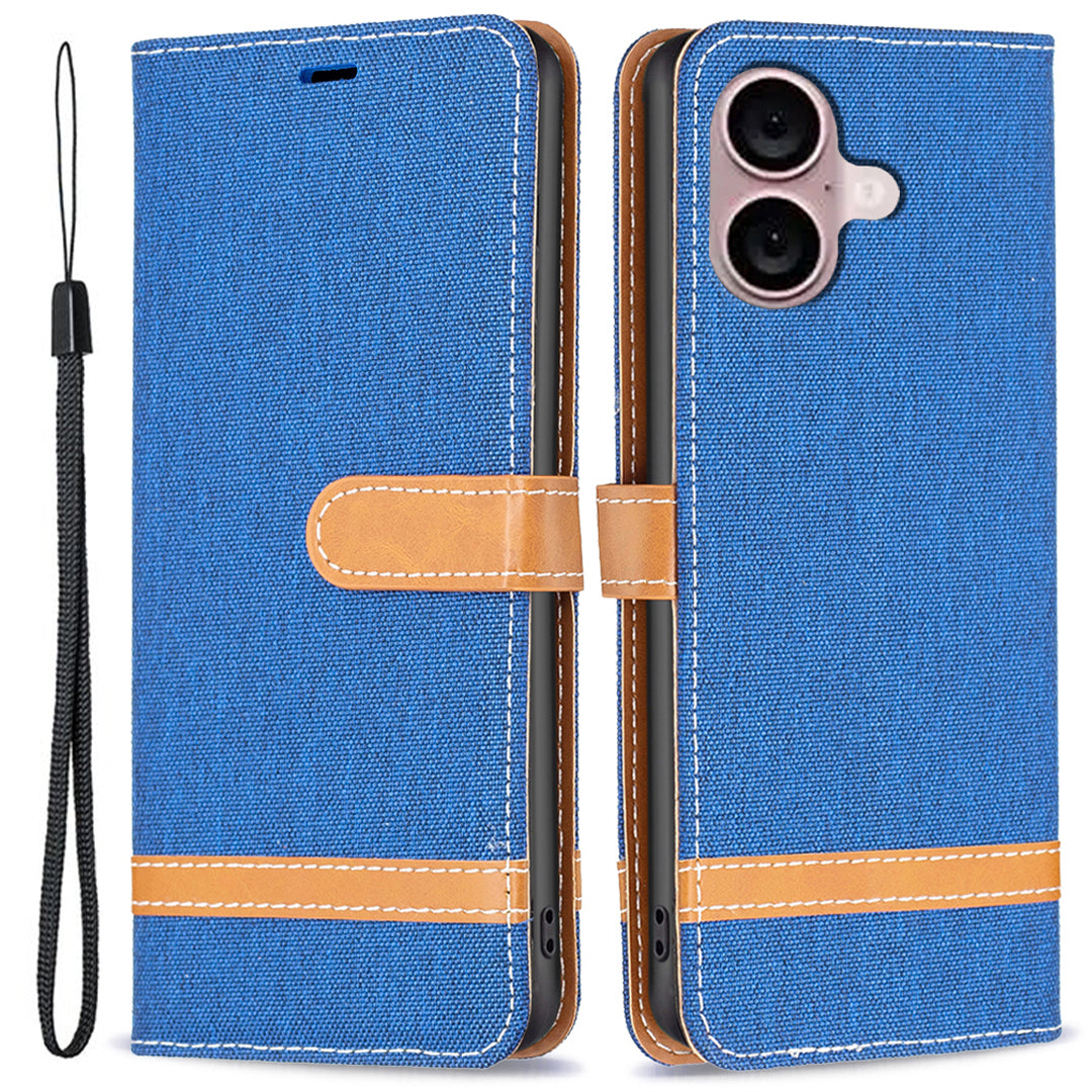 For iPhone 16 Plus Cell Phone Case Jeans Cloth Texture Leather Wallet Protective Cover - Sapphire