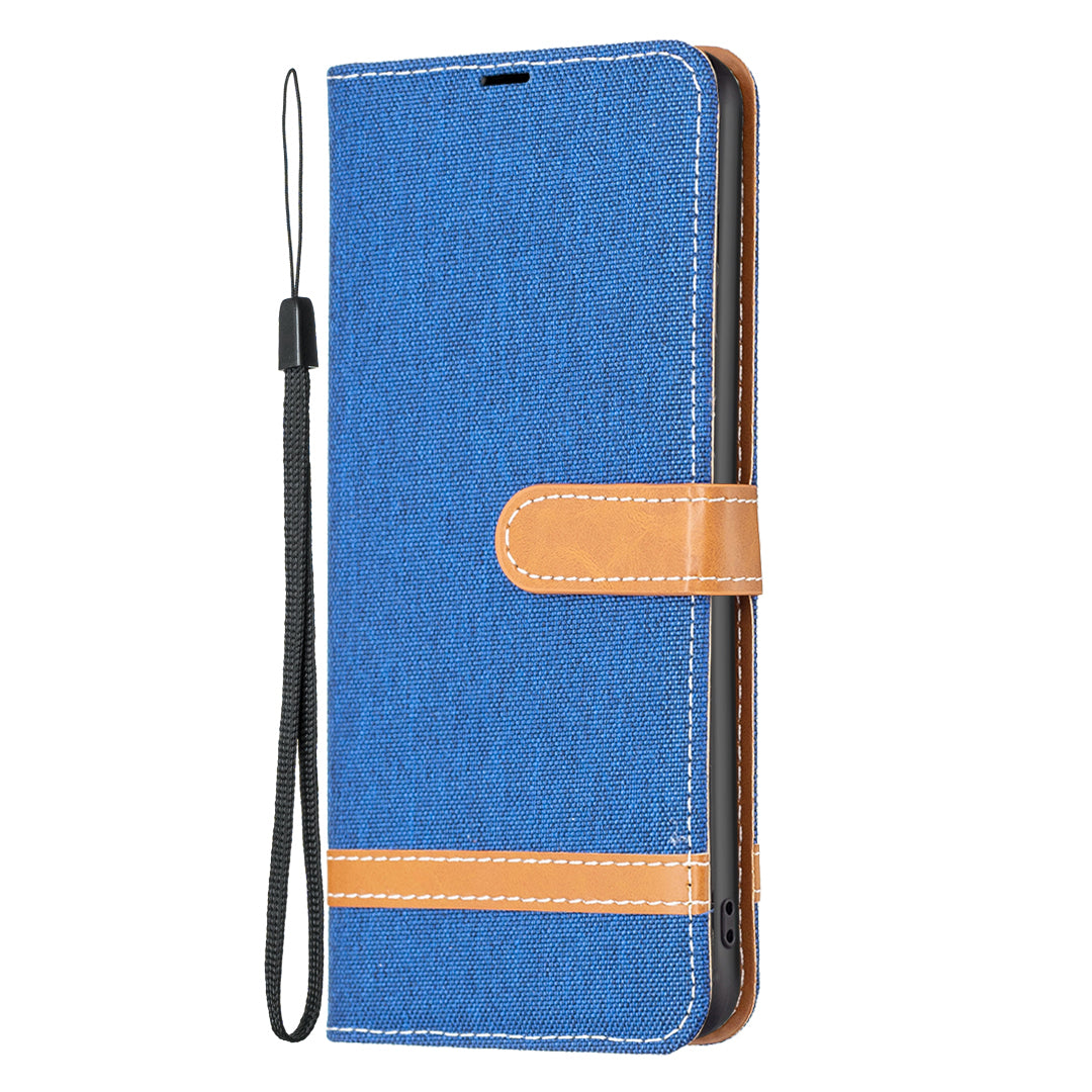 For iPhone 16 Plus Cell Phone Case Jeans Cloth Texture Leather Wallet Protective Cover - Sapphire