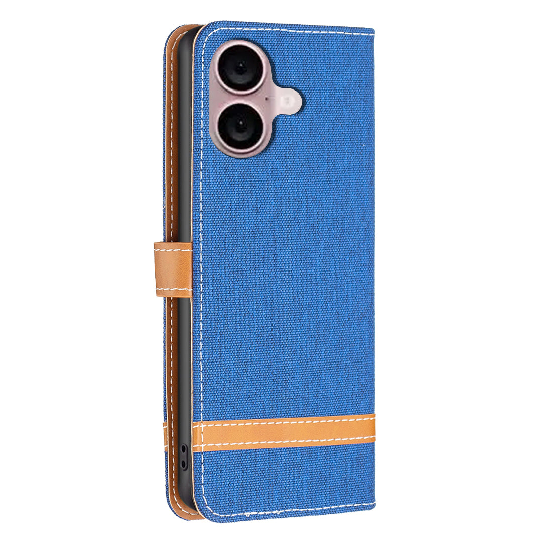 For iPhone 16 Plus Cell Phone Case Jeans Cloth Texture Leather Wallet Protective Cover - Sapphire