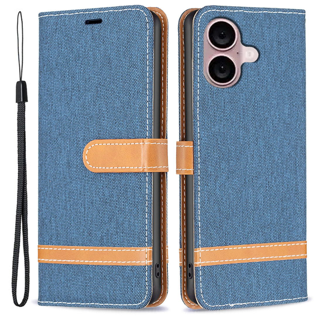 For iPhone 16 Leather Wallet Case Jeans Cloth Texture Protective Cover - Navy Blue