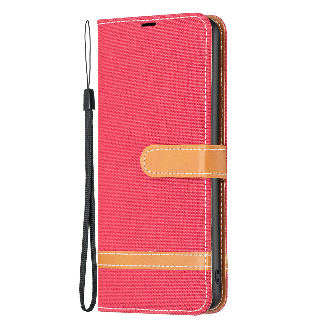 For iPhone 16 Leather Wallet Case Jeans Cloth Texture Protective Cover - Red