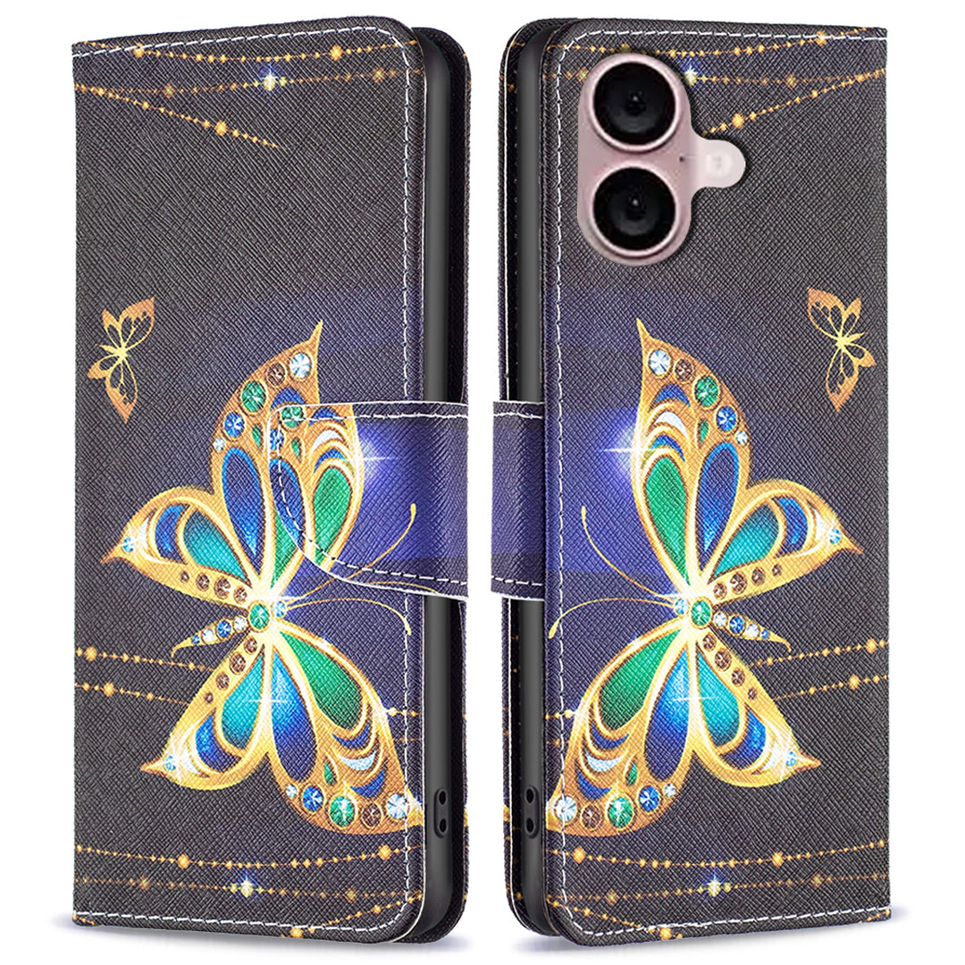 For iPhone 16 Plus Case Pattern Print Wallet Leather Stand Flip Phone Cover - Jewelry Butterfly