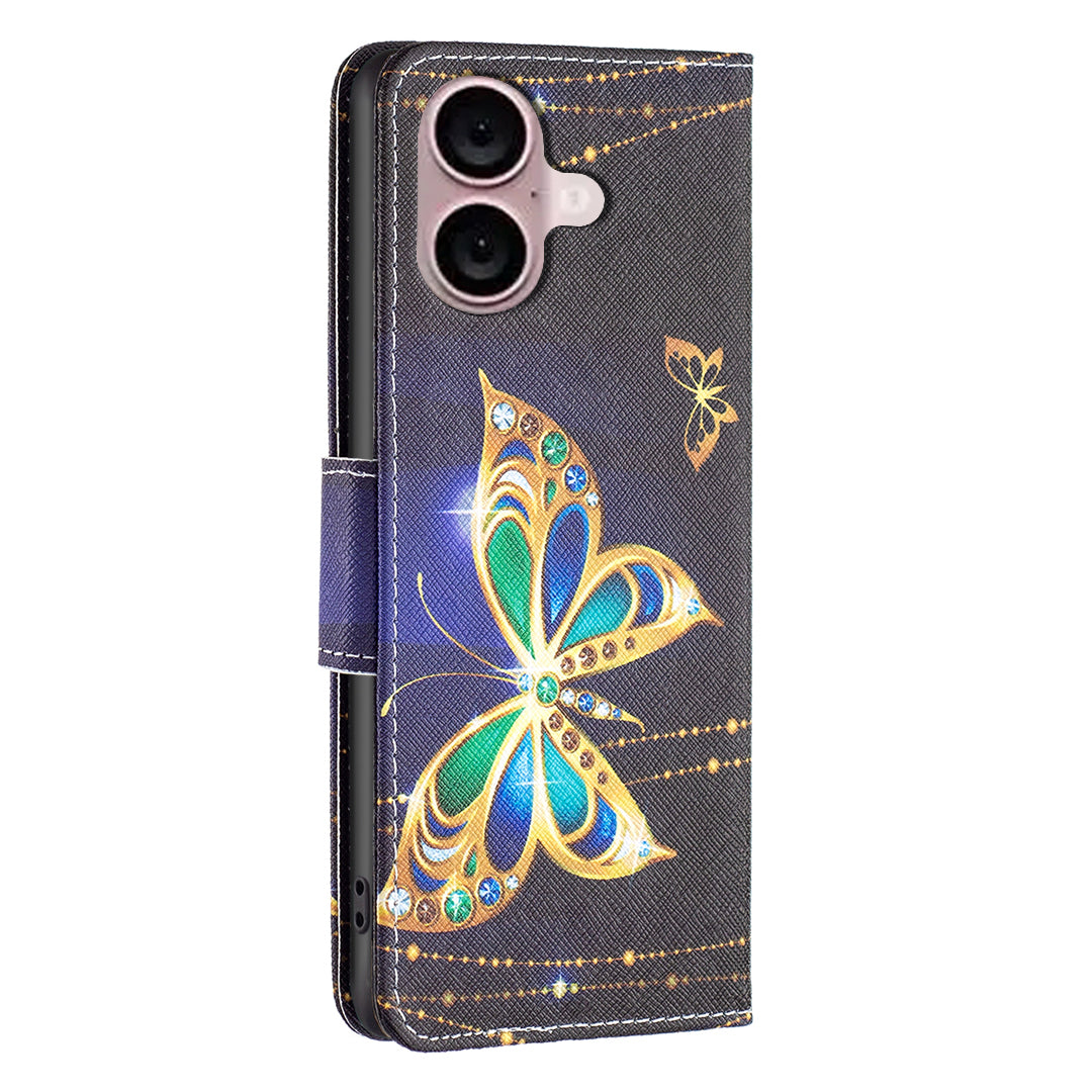 For iPhone 16 Plus Case Pattern Print Wallet Leather Stand Flip Phone Cover - Jewelry Butterfly