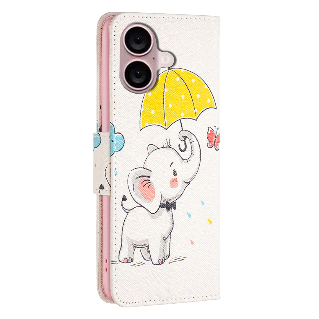 For iPhone 16 Plus Case Pattern Print Wallet Leather Stand Flip Phone Cover - Umbrella and Elephant