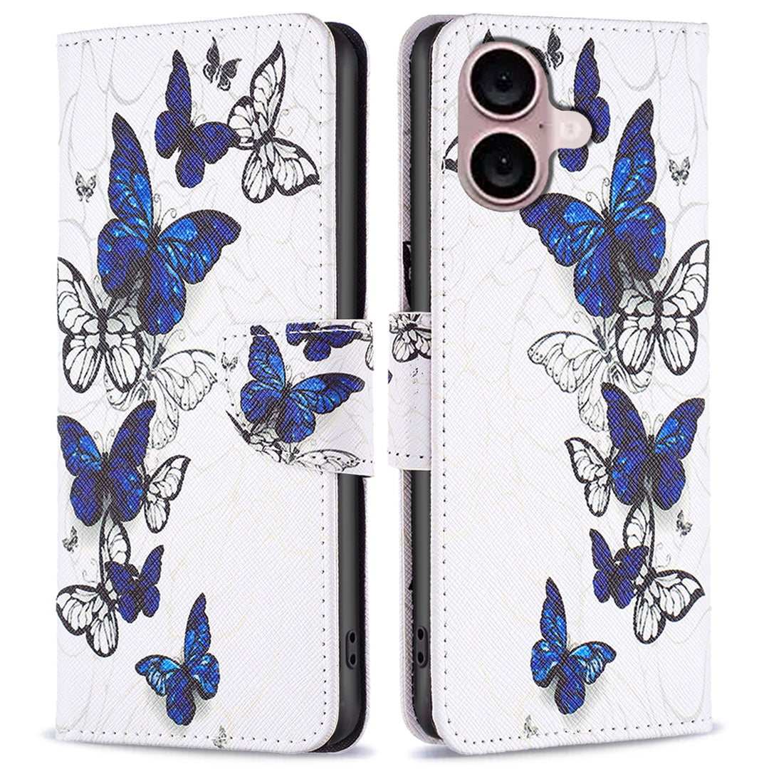 For iPhone 16 Case Pattern Printing Wallet Leather Flip Phone Cover - Butterflies