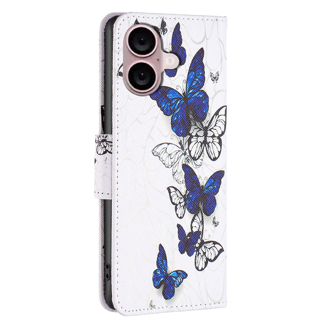 For iPhone 16 Case Pattern Printing Wallet Leather Flip Phone Cover - Butterflies