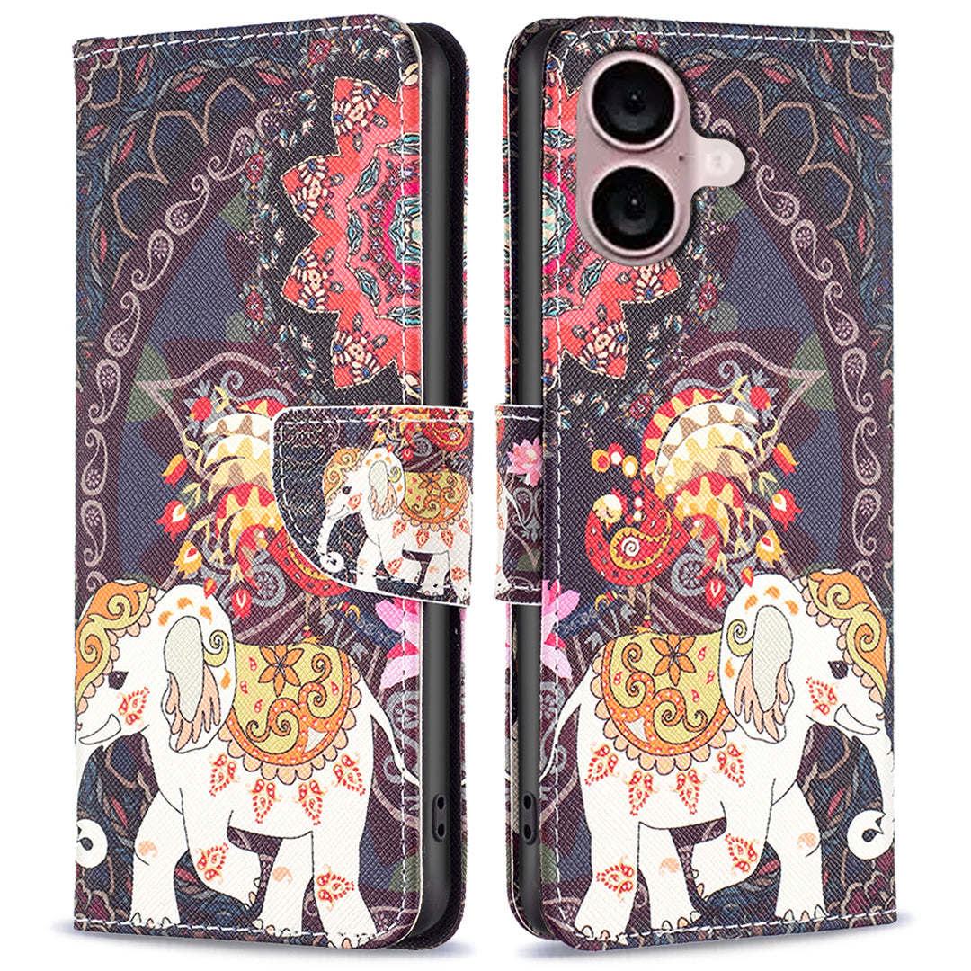 For iPhone 16 Case Pattern Printing Wallet Leather Flip Phone Cover - Flower and Elephant