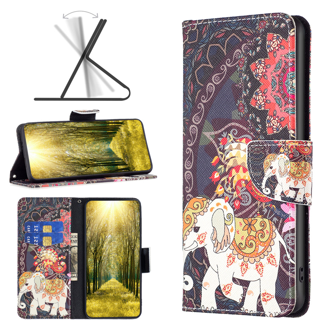 For iPhone 16 Case Pattern Printing Wallet Leather Flip Phone Cover - Flower and Elephant