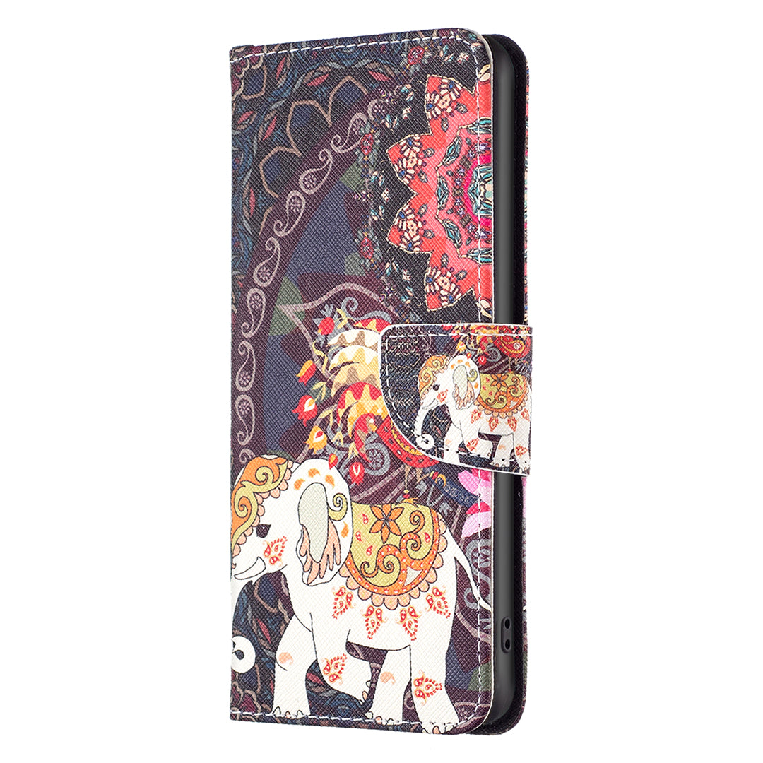 For iPhone 16 Case Pattern Printing Wallet Leather Flip Phone Cover - Flower and Elephant