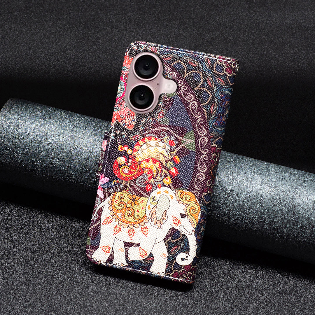 For iPhone 16 Case Pattern Printing Wallet Leather Flip Phone Cover - Flower and Elephant