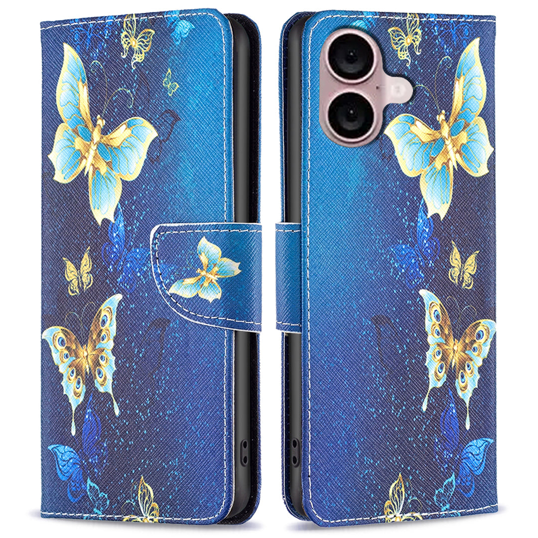 For iPhone 16 Case Pattern Printing Wallet Leather Flip Phone Cover - Golden Butterflies