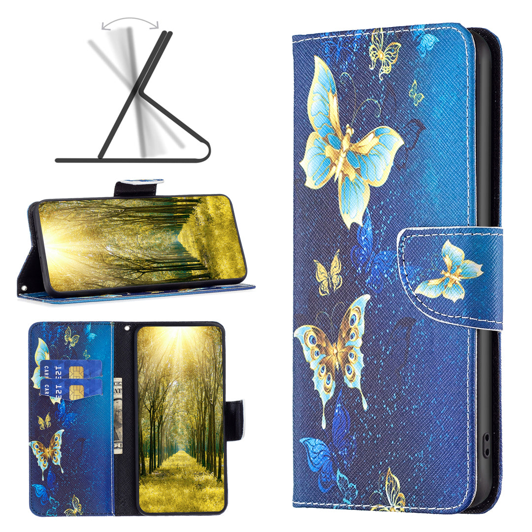 For iPhone 16 Case Pattern Printing Wallet Leather Flip Phone Cover - Golden Butterflies