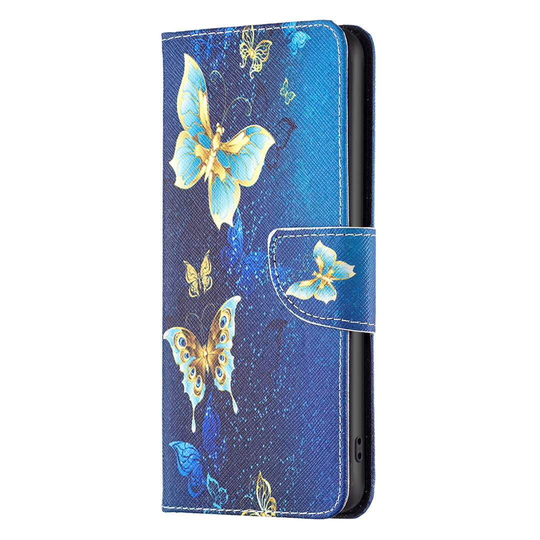 For iPhone 16 Case Pattern Printing Wallet Leather Flip Phone Cover - Golden Butterflies