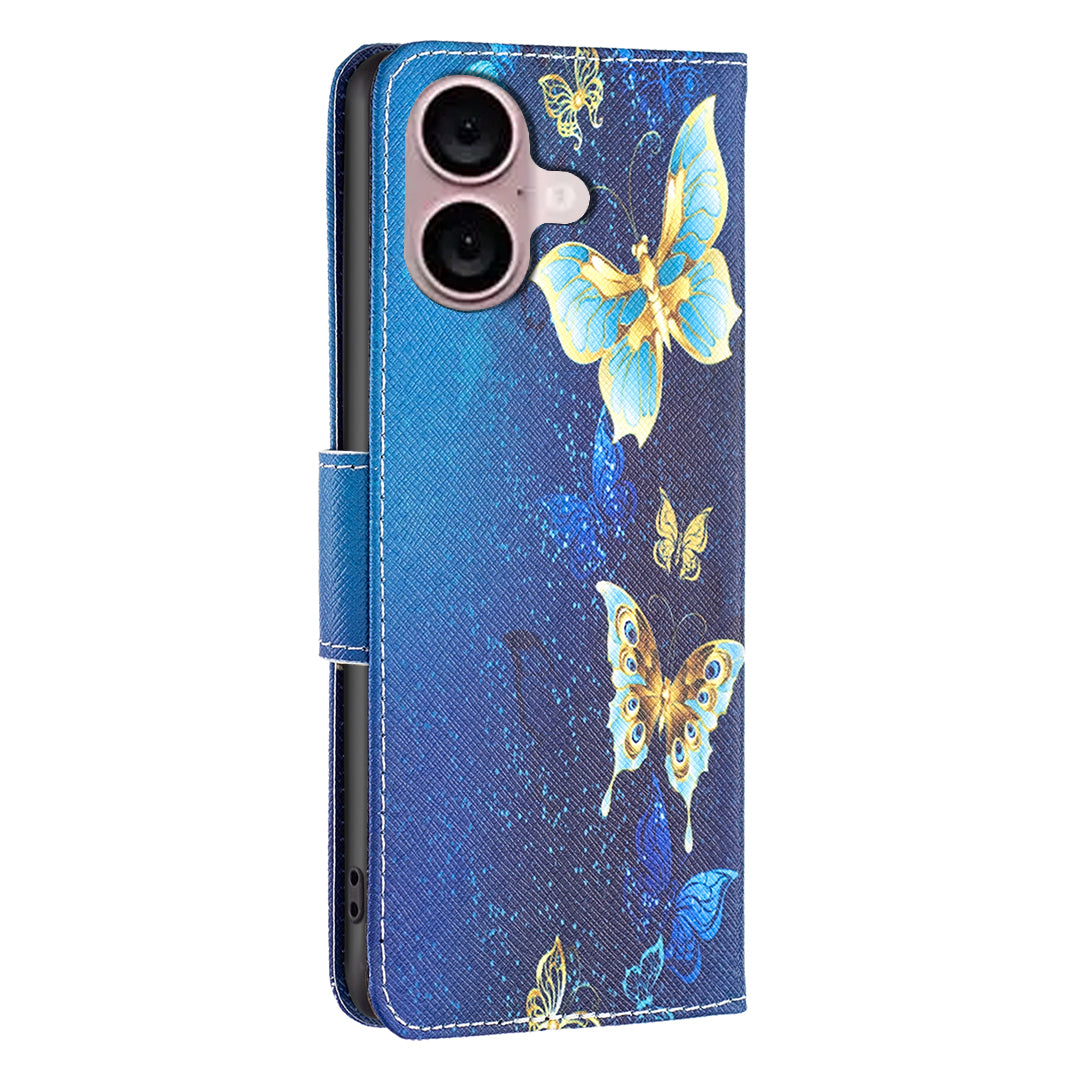 For iPhone 16 Case Pattern Printing Wallet Leather Flip Phone Cover - Golden Butterflies