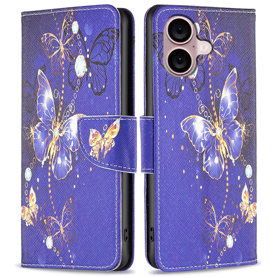 For iPhone 16 Case Pattern Printing Wallet Leather Flip Phone Cover - Purple Butterflies