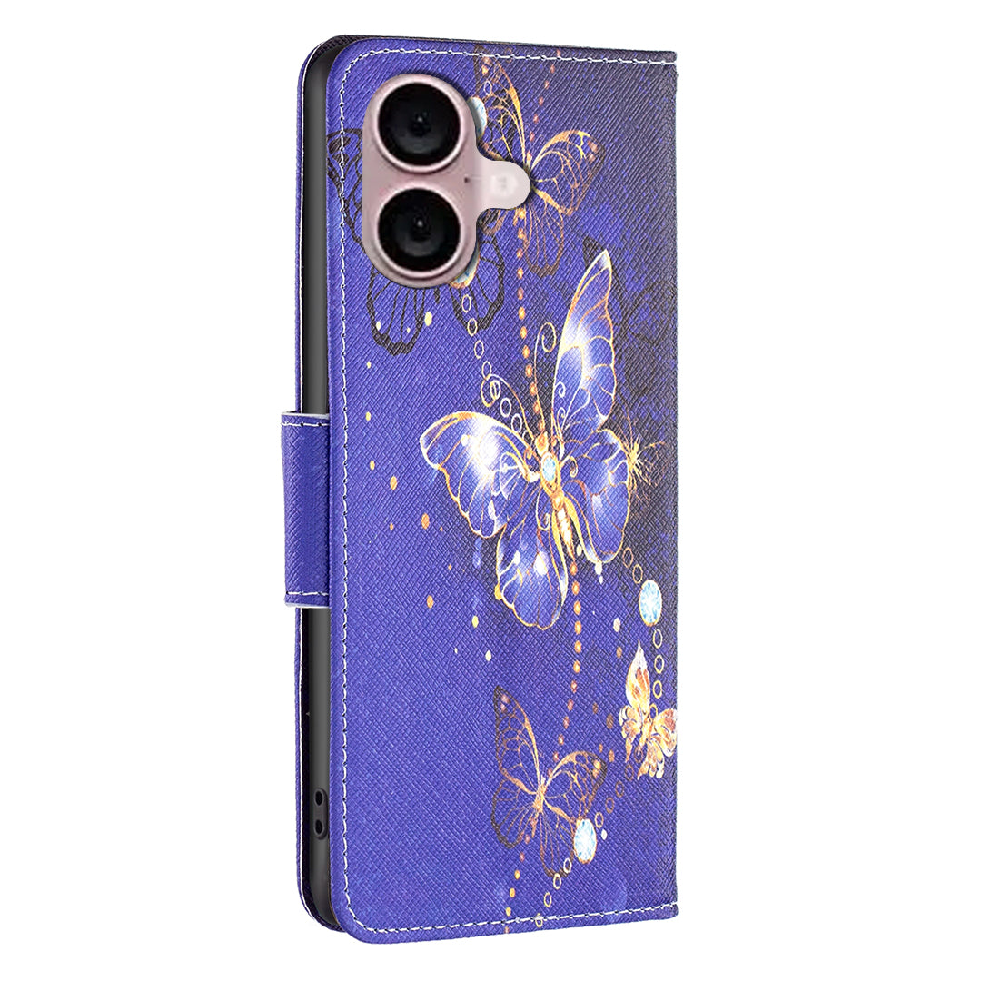 For iPhone 16 Case Pattern Printing Wallet Leather Flip Phone Cover - Purple Butterflies