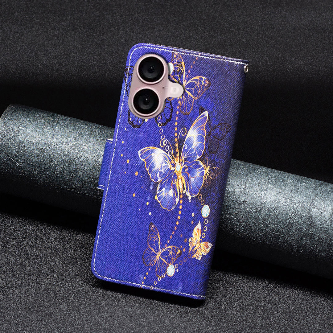 For iPhone 16 Case Pattern Printing Wallet Leather Flip Phone Cover - Purple Butterflies