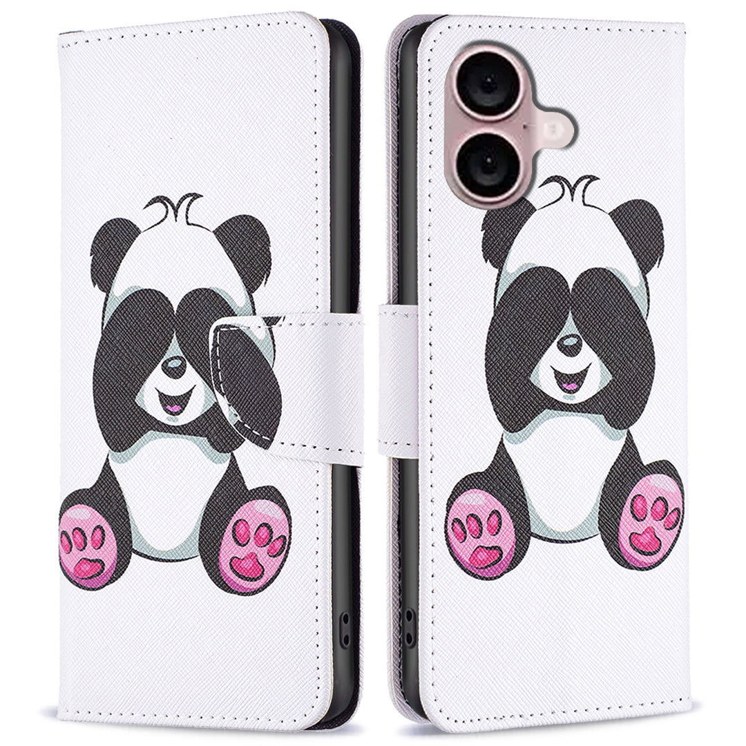 For iPhone 16 Case Pattern Printing Wallet Leather Flip Phone Cover - Panda