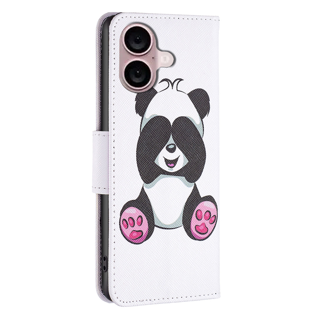 For iPhone 16 Case Pattern Printing Wallet Leather Flip Phone Cover - Panda