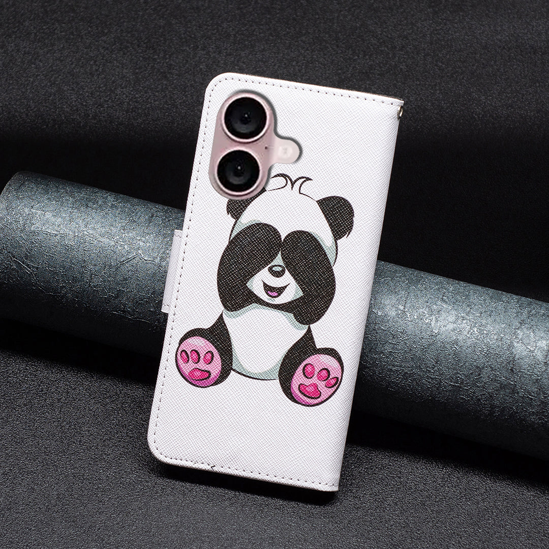 For iPhone 16 Case Pattern Printing Wallet Leather Flip Phone Cover - Panda