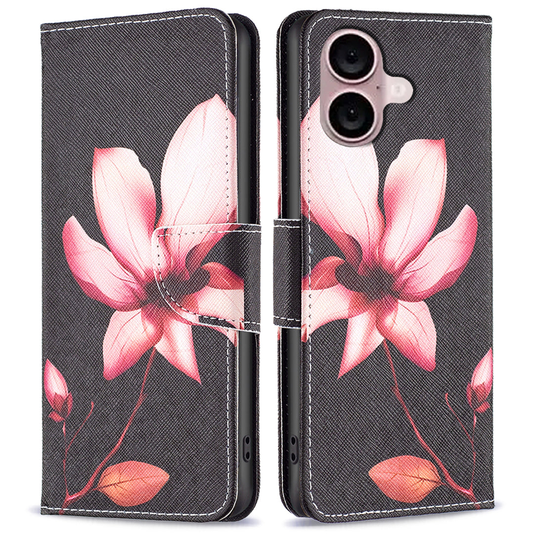 For iPhone 16 Case Pattern Printing Wallet Leather Flip Phone Cover - Lotus