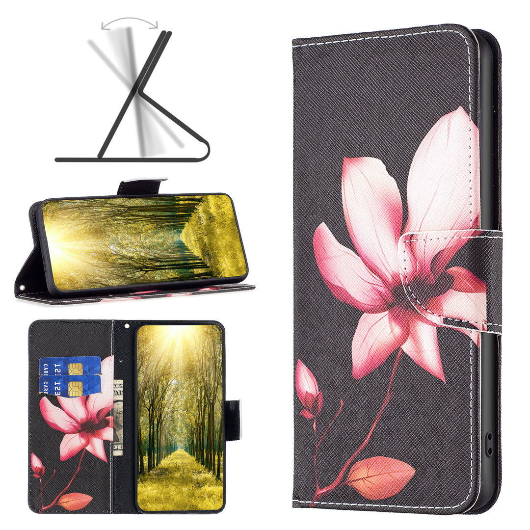 For iPhone 16 Case Pattern Printing Wallet Leather Flip Phone Cover - Lotus