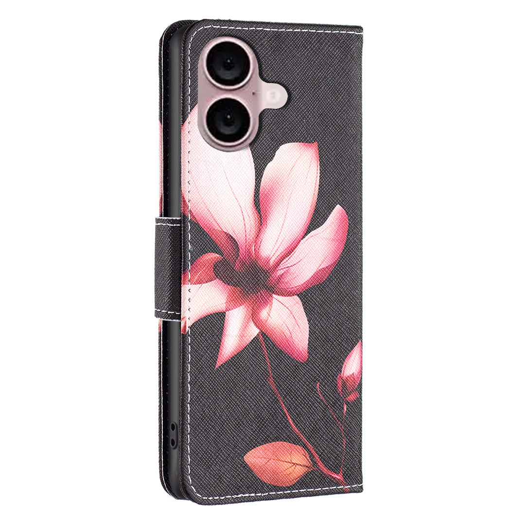 For iPhone 16 Case Pattern Printing Wallet Leather Flip Phone Cover - Lotus