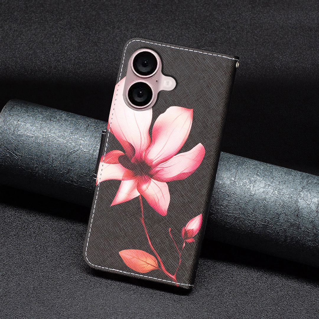 For iPhone 16 Case Pattern Printing Wallet Leather Flip Phone Cover - Lotus