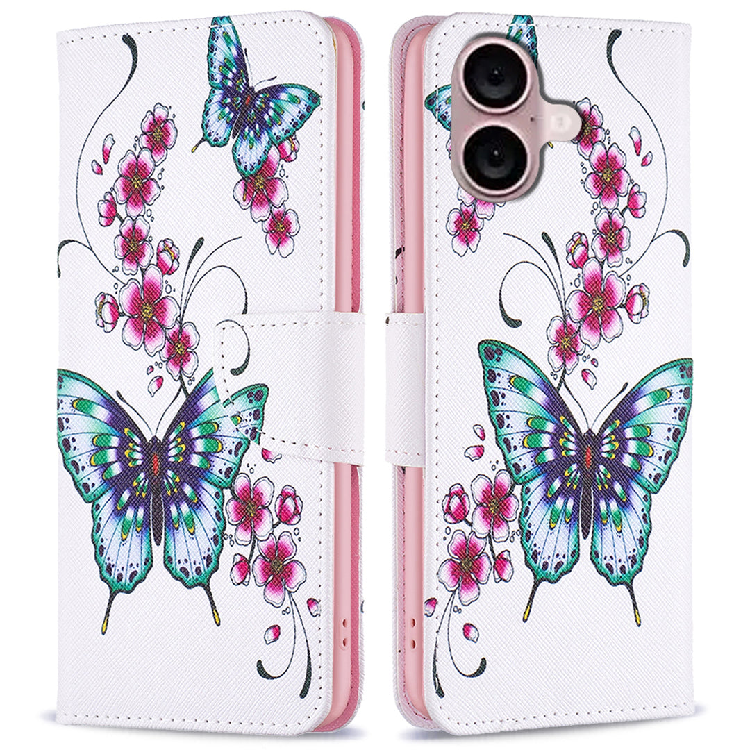 For iPhone 16 Case Pattern Printing Wallet Leather Flip Phone Cover - Peach Blossom and Butterflies