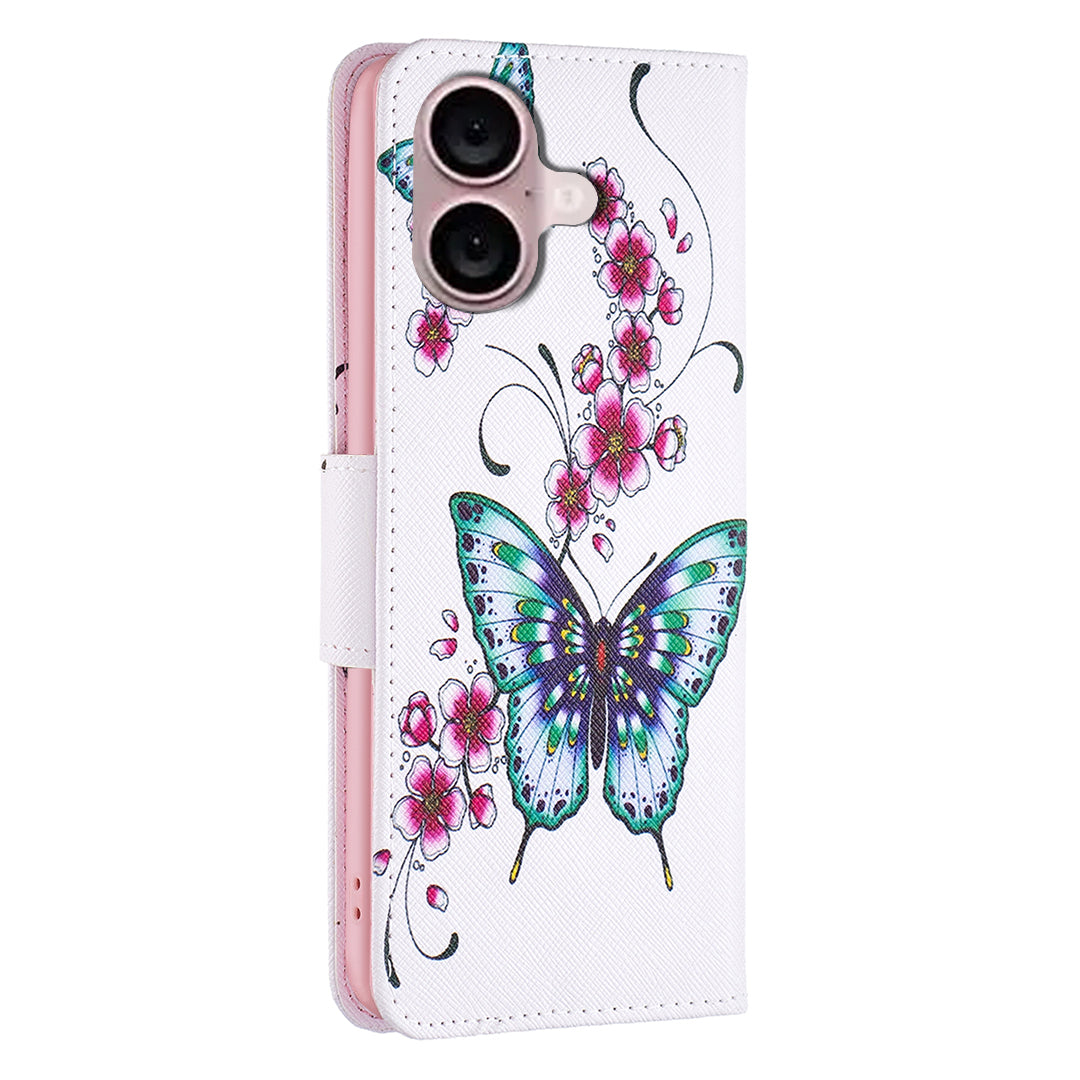 For iPhone 16 Case Pattern Printing Wallet Leather Flip Phone Cover - Peach Blossom and Butterflies